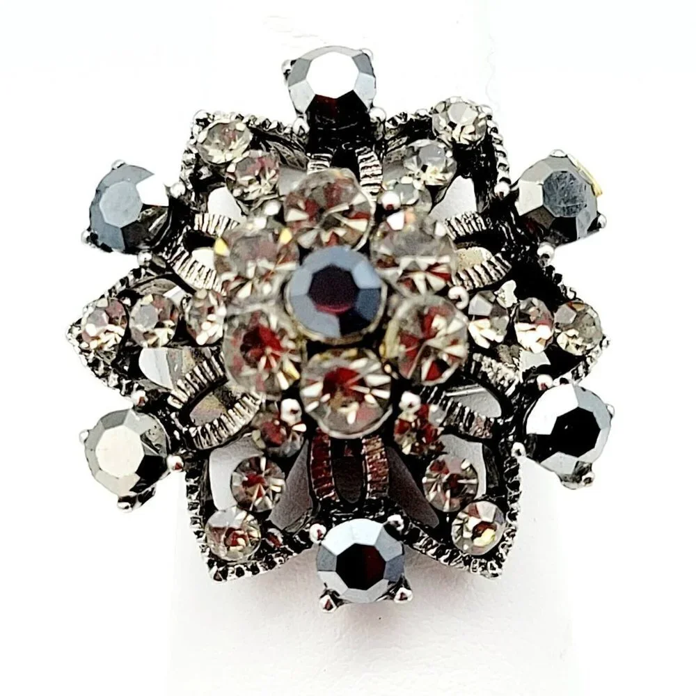 Rhinestone Burst Bypass Ring Adjustable One Size Silver Tone Smoky Stones EUC